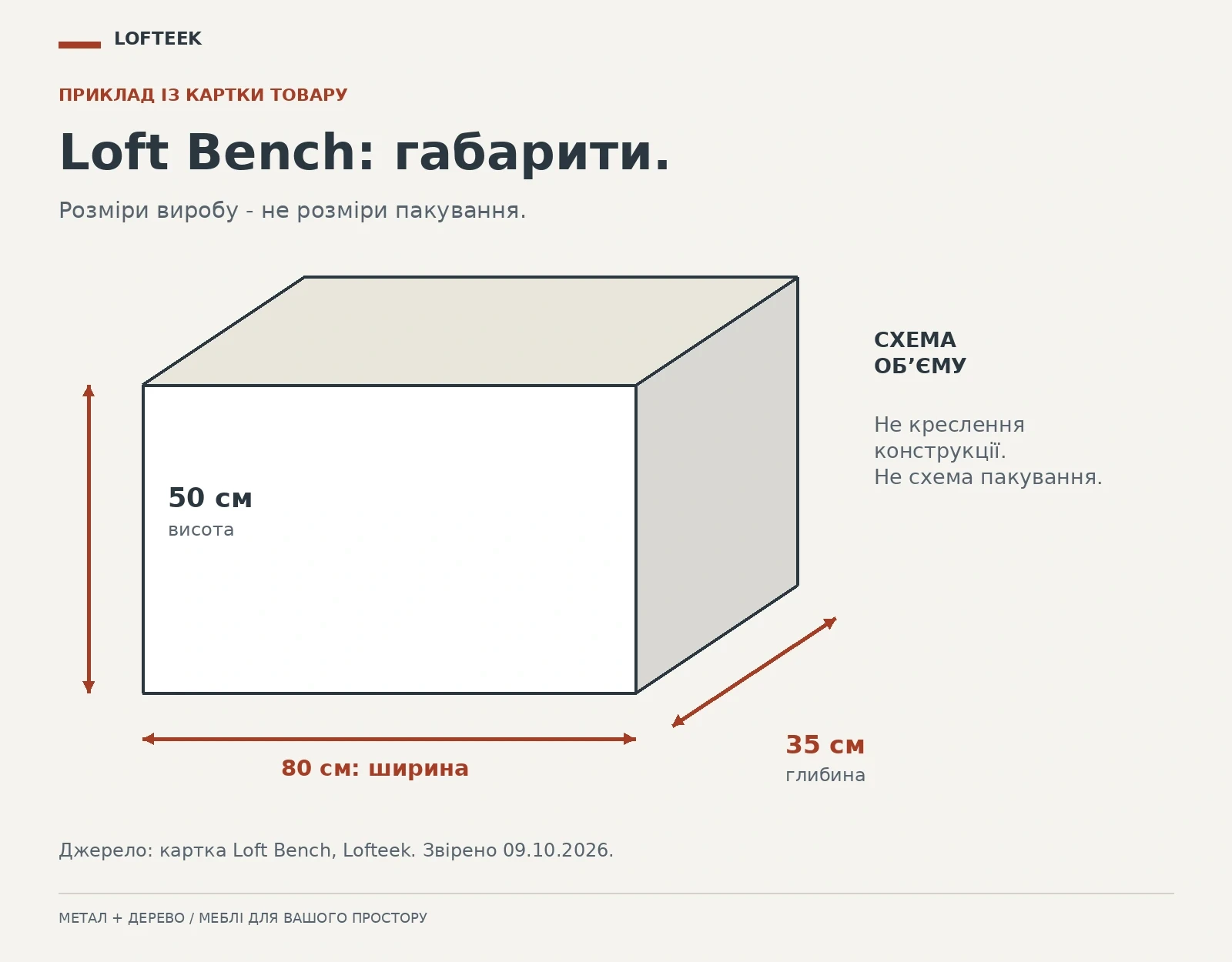 Схема зовнішніх габаритів банкетки Loft Bench: ширина 80 сантиметрів, глибина 35 сантиметрів, висота 50 сантиметрів